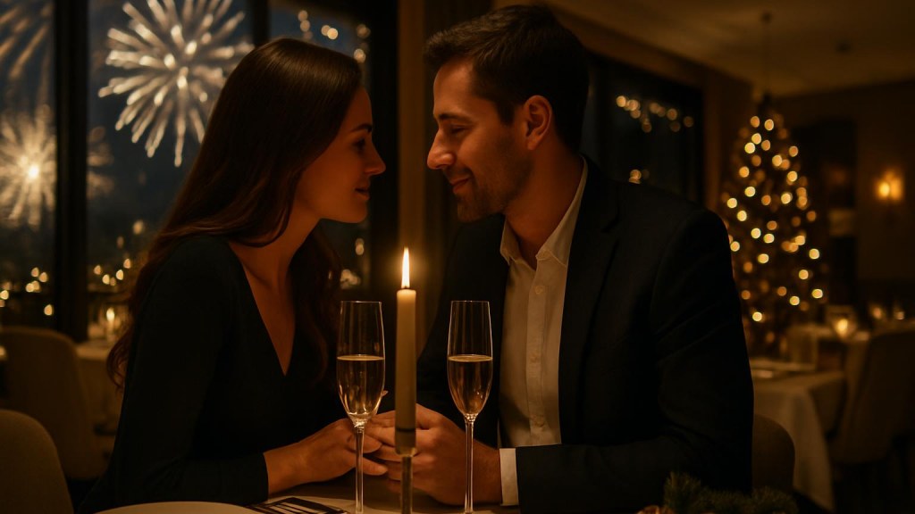 Capodanno romantico a Macerata: hotel, cena e idee per coppie Coppia durante una cena romantica di Capodanno