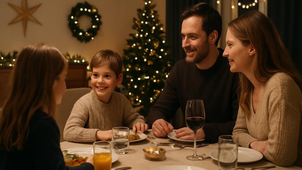 Famiglia con bambini in ambiente accogliente per Capodanno