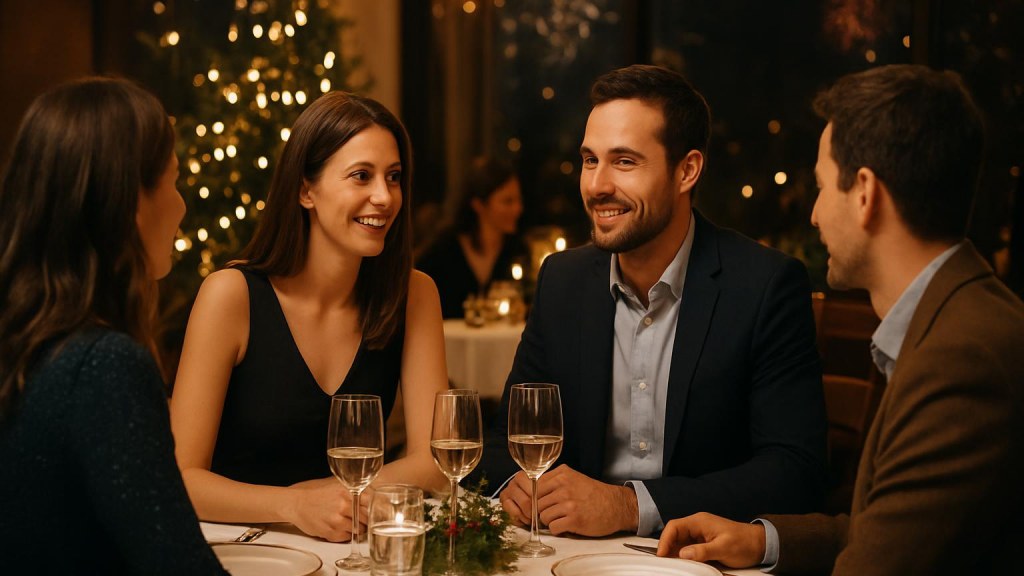 Gruppo di adulti in contesto conviviale per Capodanno